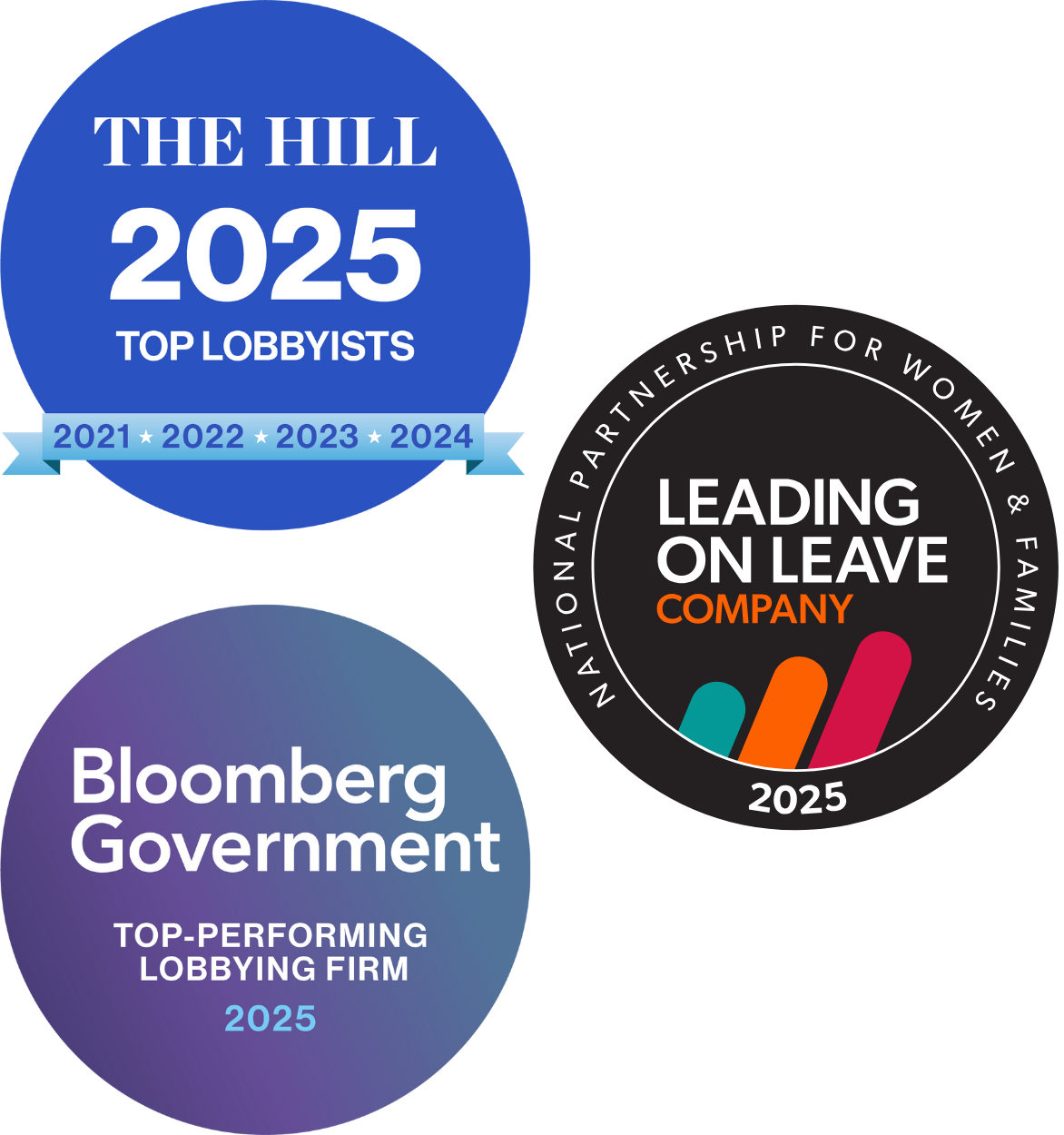 Badges recognizing top lobbyists for 2025, awarded by The Hill, Bloomberg Government, and a partnership for women and family firms, with mentions of rankings from 2021 to 2024.
