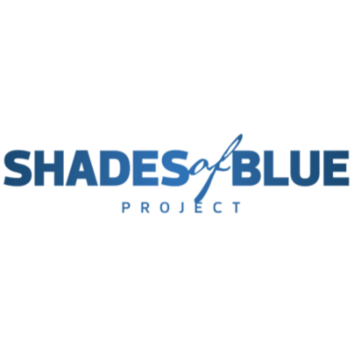 Shades of Blue Project logo with text in blue and white