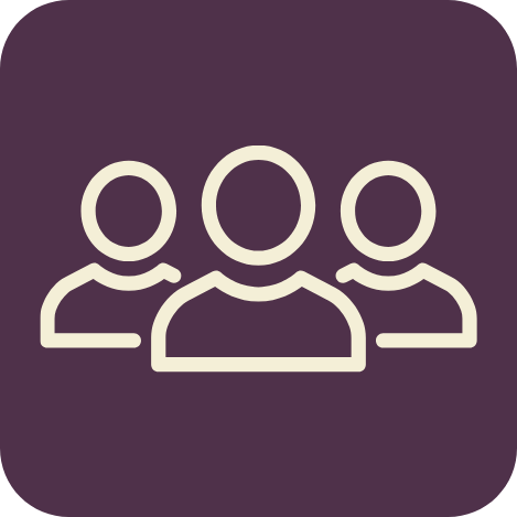 Icon of three people with no facial features on a dark purple background.