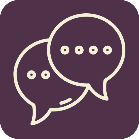 Two speech bubbles with ellipses indicating conversation, on a dark background.