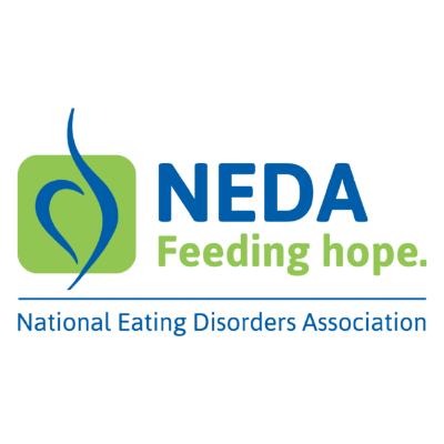 Logo of the National Eating Disorders Association with the text 'NEDA Feeding hope' and a stylized blue and green design.