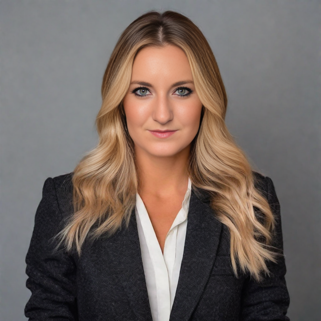 Headshot of a woman with blonde hair, blue eyes, wearing a black blazer and white blouse, smiling gently against a gray background.