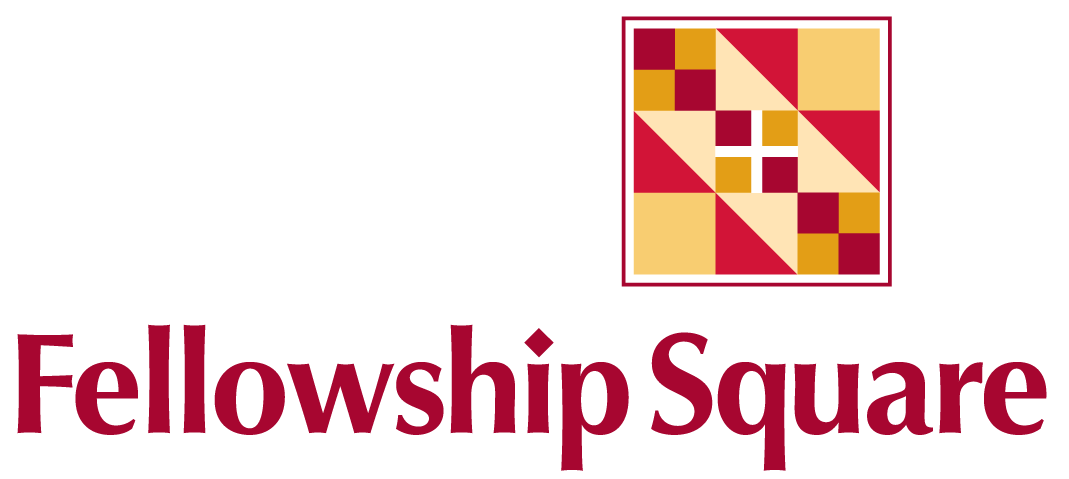Logo of Fellowship Square featuring a geometric square with red, gold, and cream colors, alongside the text Fellowship Square.
