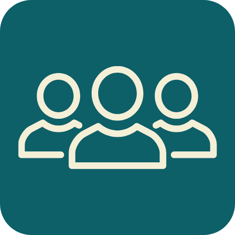 Icon of three people, representing a group or team, on a dark teal background.