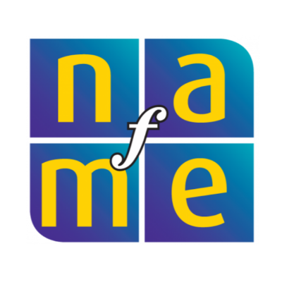 A colorful logo with the word 'name' split into four blue squares with rounded corners, containing the letters 'n', 'a', 'm', and 'e', with an ornate lowercase 'f' in the center.