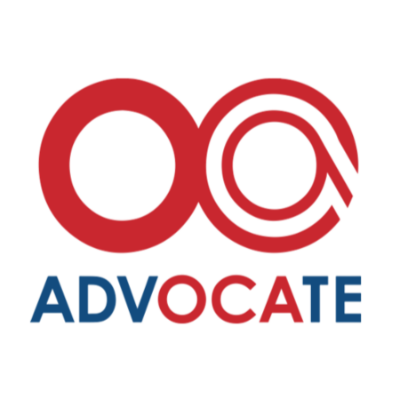 The image features a logo with a large red circle and a stylized 'a' within it, with the word 'ADVOCATE' written below, with 'ADV' in blue and 'OCATE' in red.