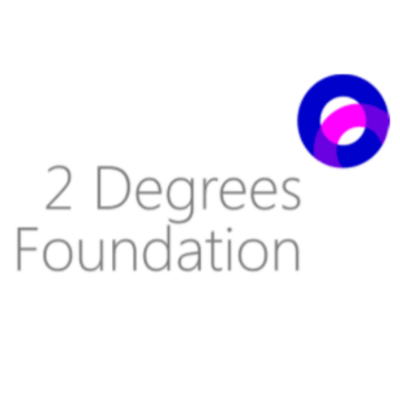 Logo of 2 Degrees Foundation with a circular purple and pink graphic to the right.