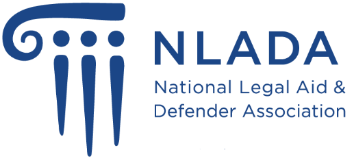 Logo of the National Legal Aid & Defender Association, abbreviated as NLADA, featuring a stylized blue column with three dots.