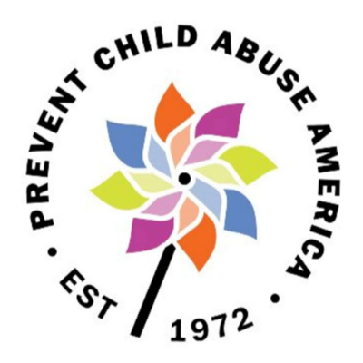 Colorful pinwheel with the text 'Prevent Child Abuse America' encircling it, and 'EST 1972' at the bottom.