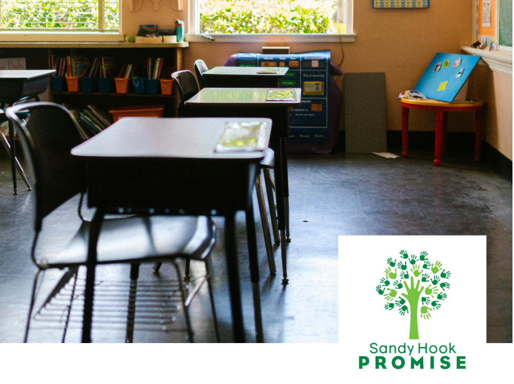 Empty classroom with desks and chairs, bookshelf, windows, and educational posters.