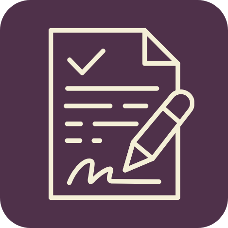 Icon of a document with a checkmark, lines of text, and a pencil signing the document on a dark purple background.