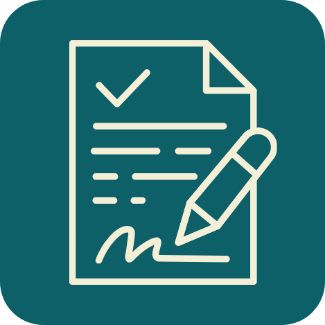 Icon of a document with a checkmark, lines of text, a signature, and a pen.