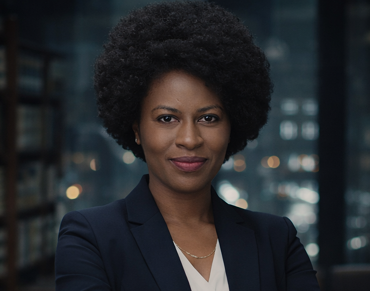 A confident African American woman with natural curly hair, wearing a navy blazer and a white top, standing in an office or library setting.