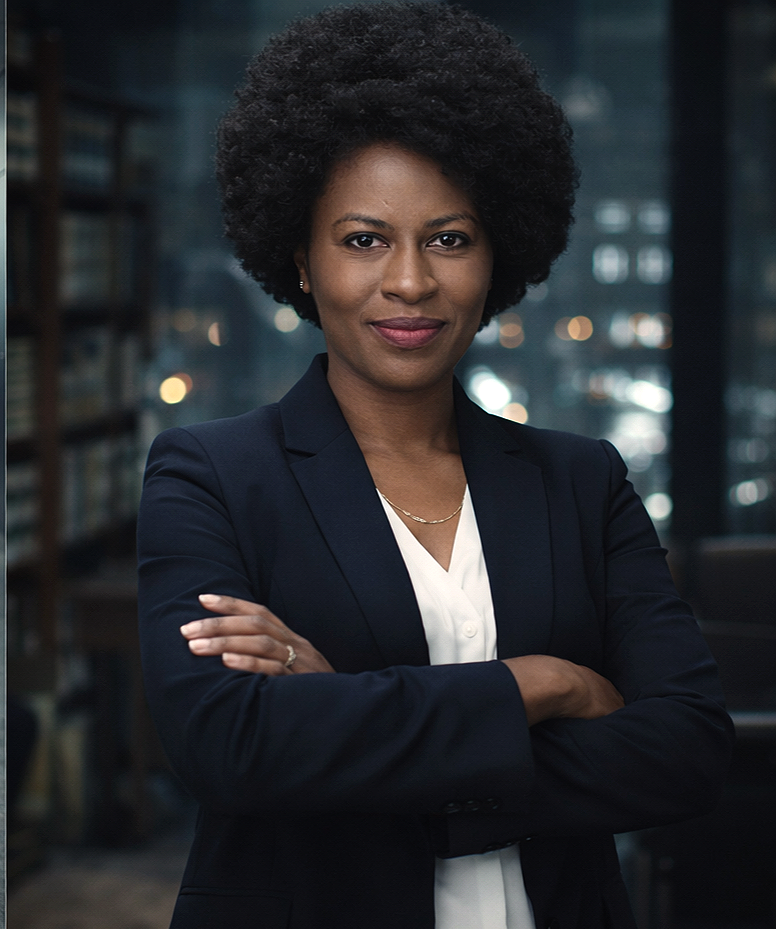 A confident African American woman with natural hair, wearing a navy blazer and white blouse, stands with her arms crossed in a modern office setting.
