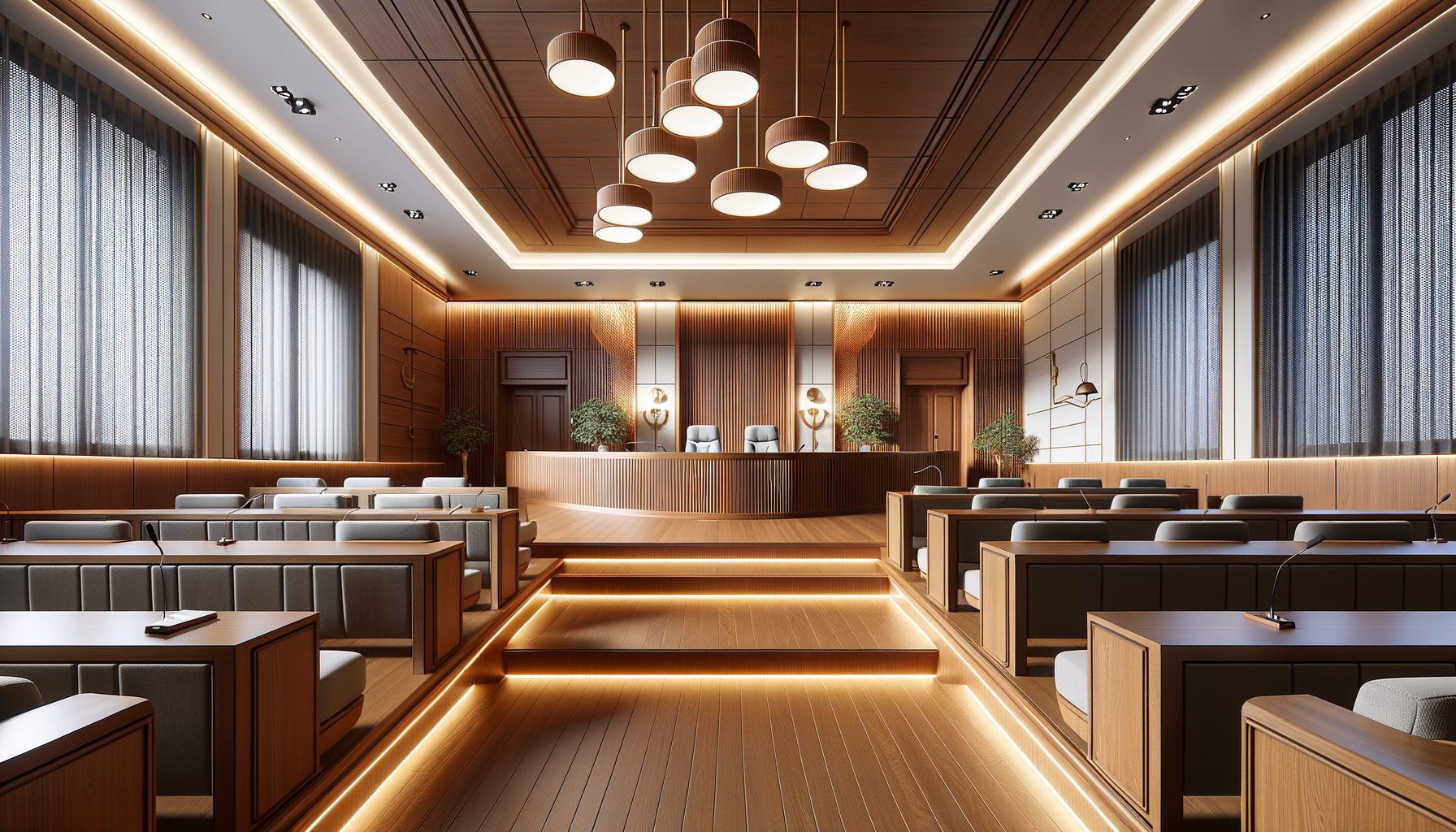 A modern conference room with rows of plush seating, a raised platform with a large curved desk, and a ceiling adorned with multiple pendant lights. The room features wood paneling, large windows with blinds, and potted plants.