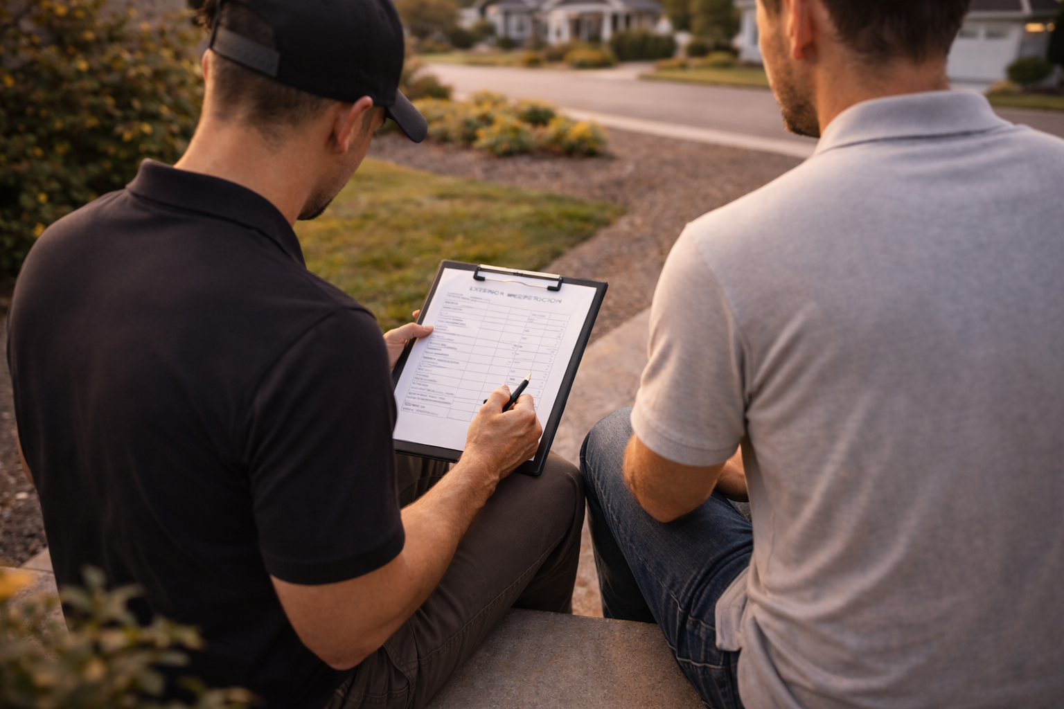 Contractor and homeowner seated on front steps reviewing an exterior inspection checklist after a hailstorm at a residential home
