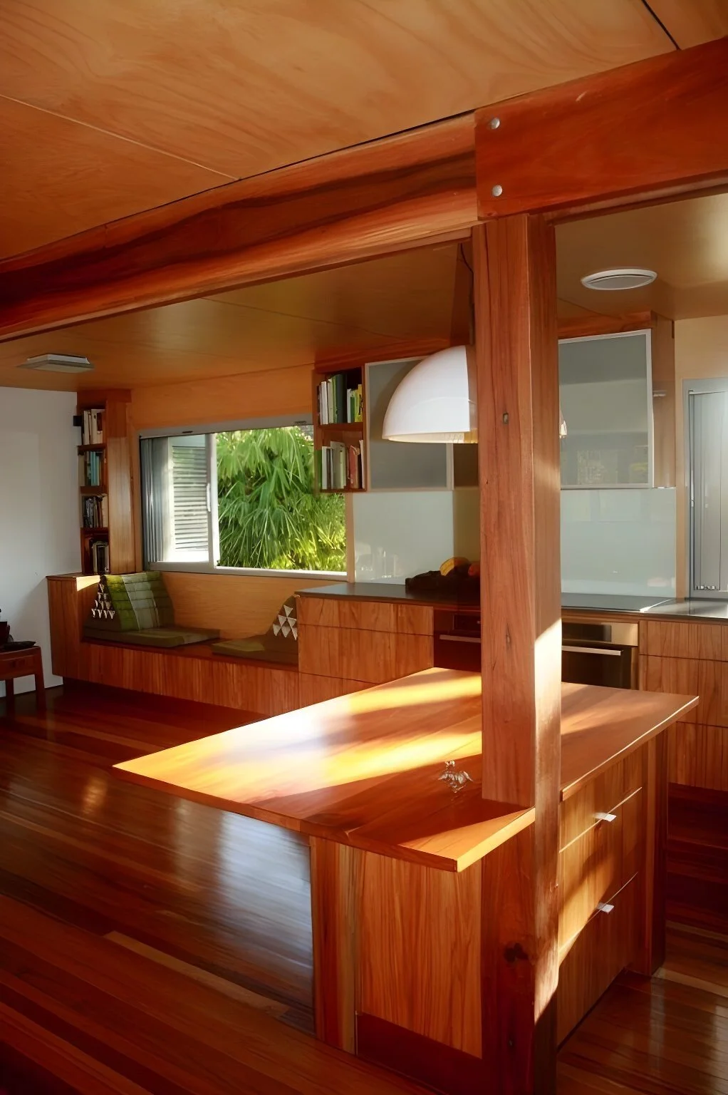A bright, modern kitchen and living area with extensive wooden cabinetry, a built-in window seat, and large windows showing lush green foliage outside.