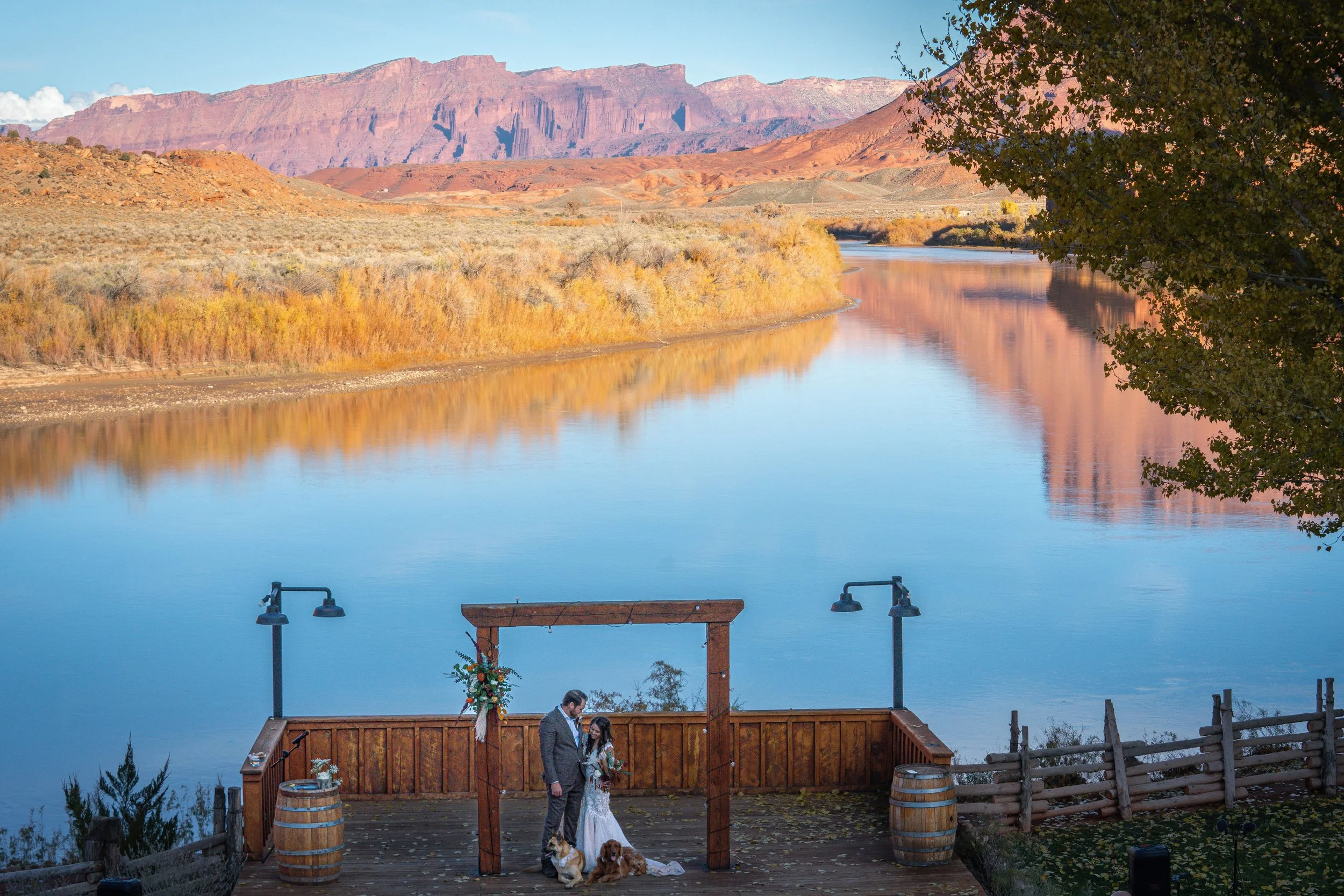 Couple with two dogs at a lakeside wedding ceremony setup with mountains in the background