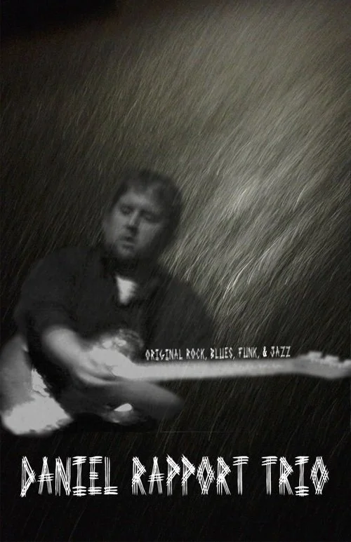 A blurry black and white photo of a young man with curly hair holding an electric guitar in a pose with text about musical genres and the name DANEEL RAPPORT TRIO.