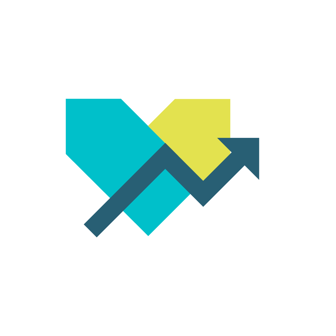 A colorful abstract heart shape combined with an upward trending arrow, symbolizing growth and progress.