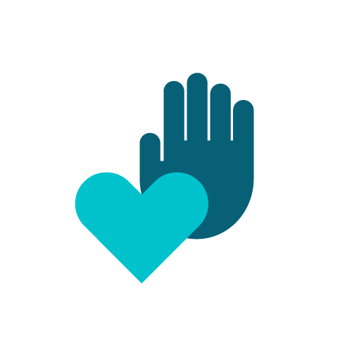 A black background with a blue heart overlapping a blue open hand, symbolizing care or help.