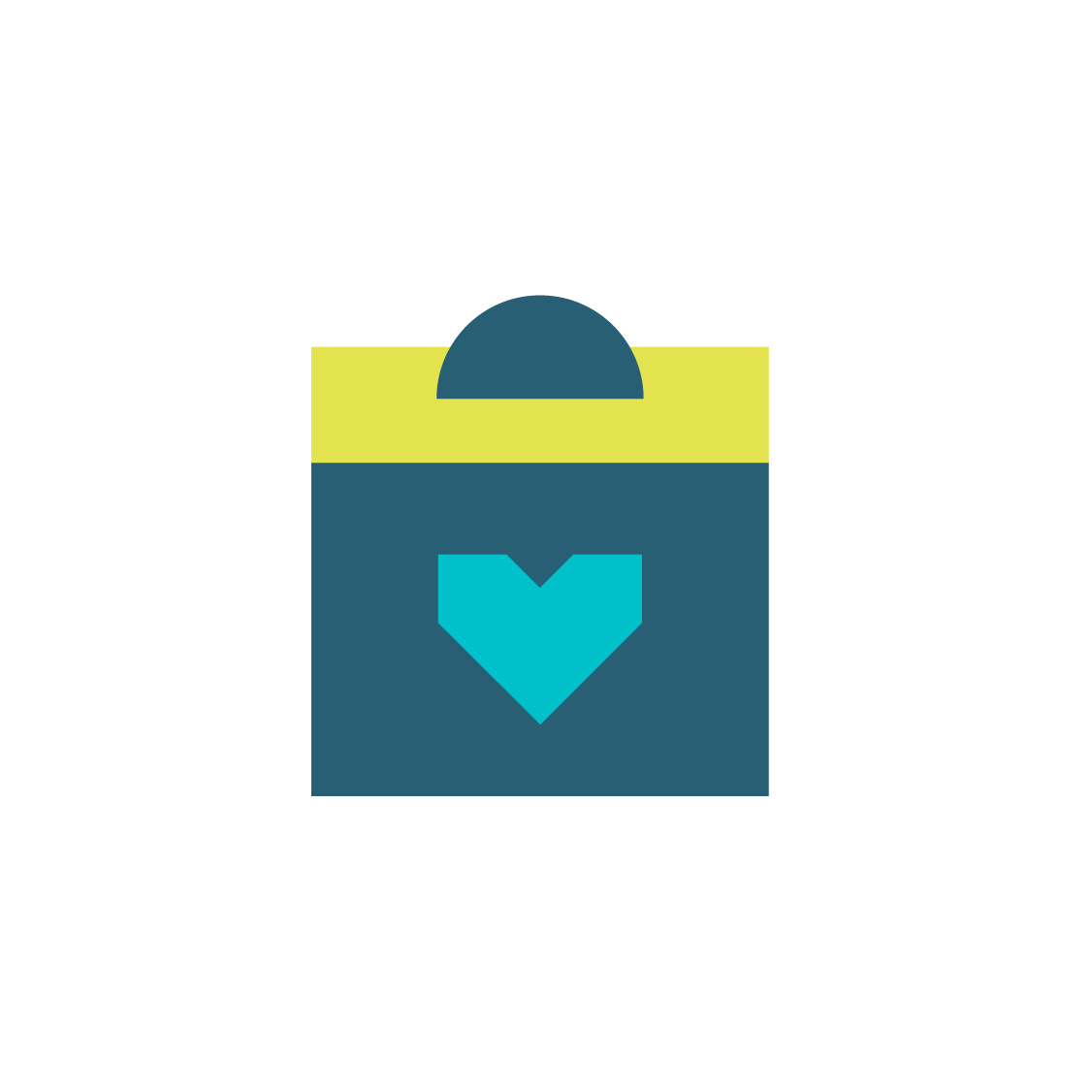 A tote bag with a blue heart design and a horizontal light yellow stripe at the top. The bag appears to be made of a teal material.