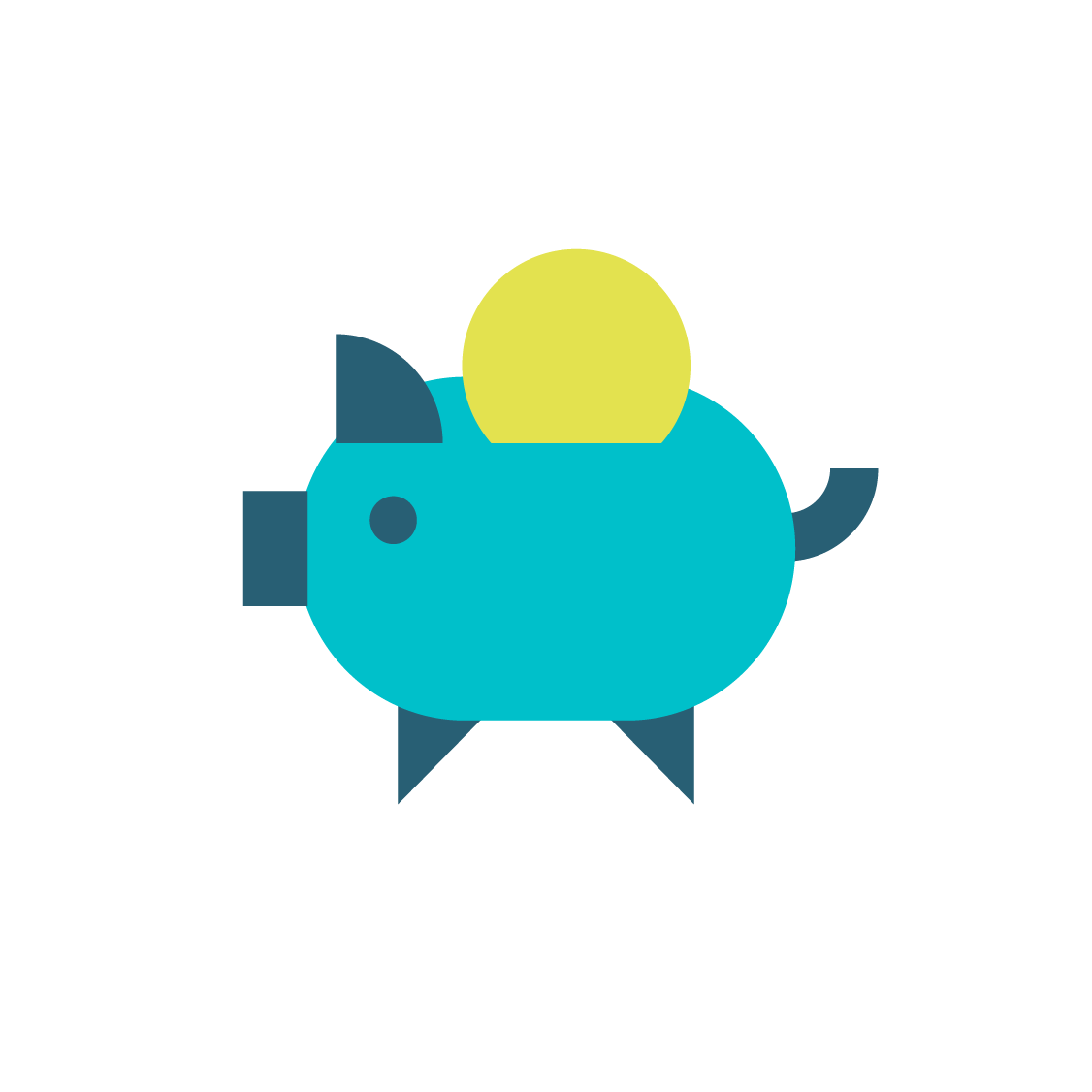 Cartoon illustration of a blue pig with a yellow ball on its back, set against a black background.