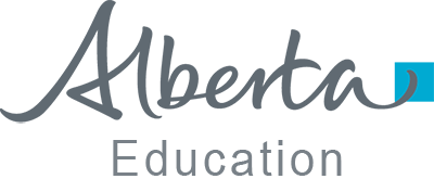 Alberta Education logo with stylized text and a blue abstract symbol.
