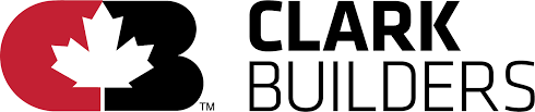 Clark Builders logo with a stylized red maple leaf and black text