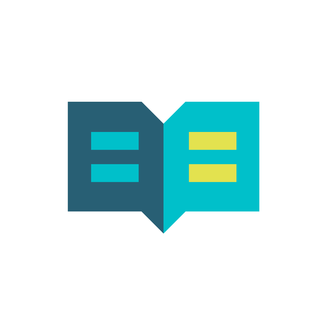 Open book icon with speech bubbles and text lines in black and blue with yellow highlights, representing communication or learning.