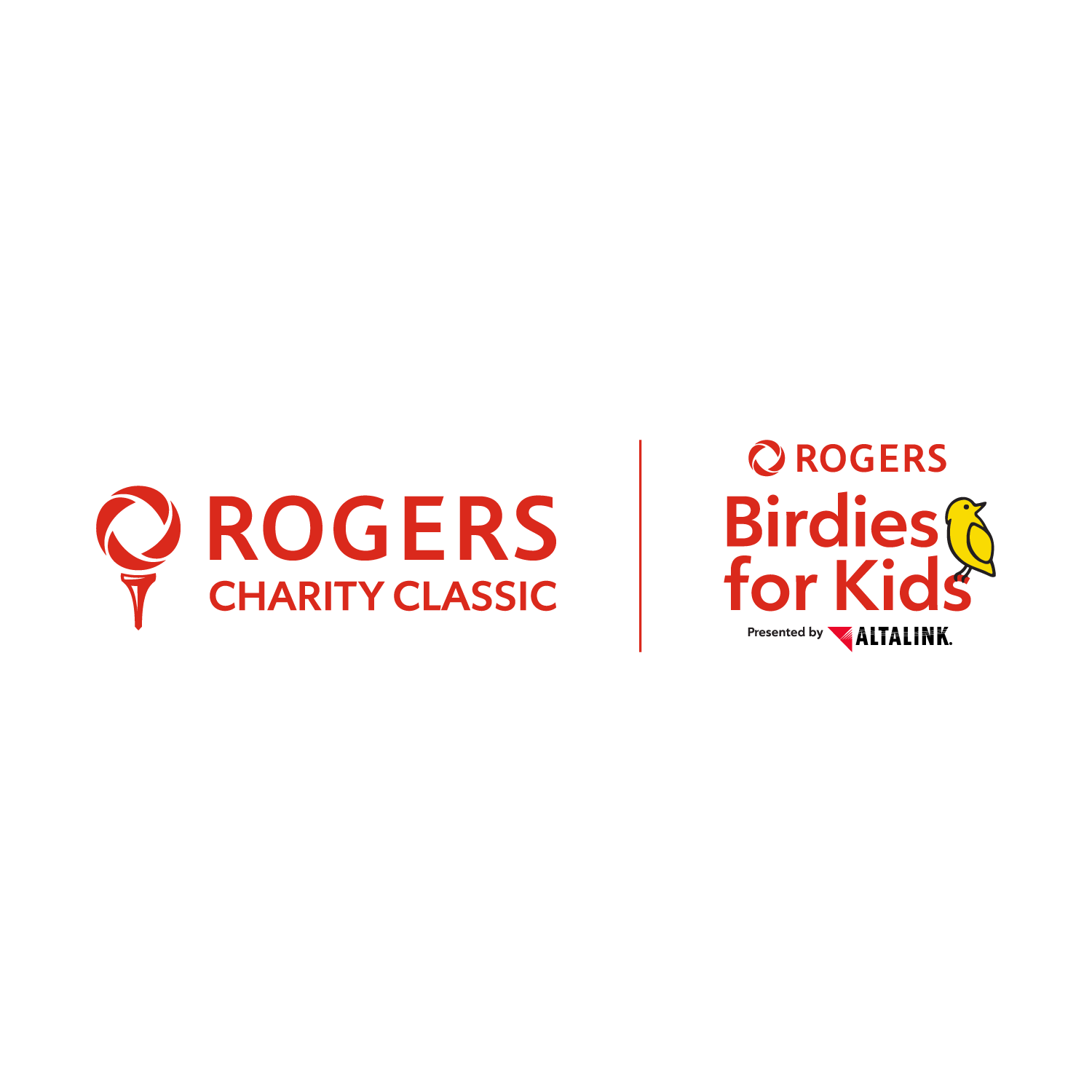 Two logos for Rogers charity events, featuring red text and graphics, one with a stylized torch and the other with a chick illustration.