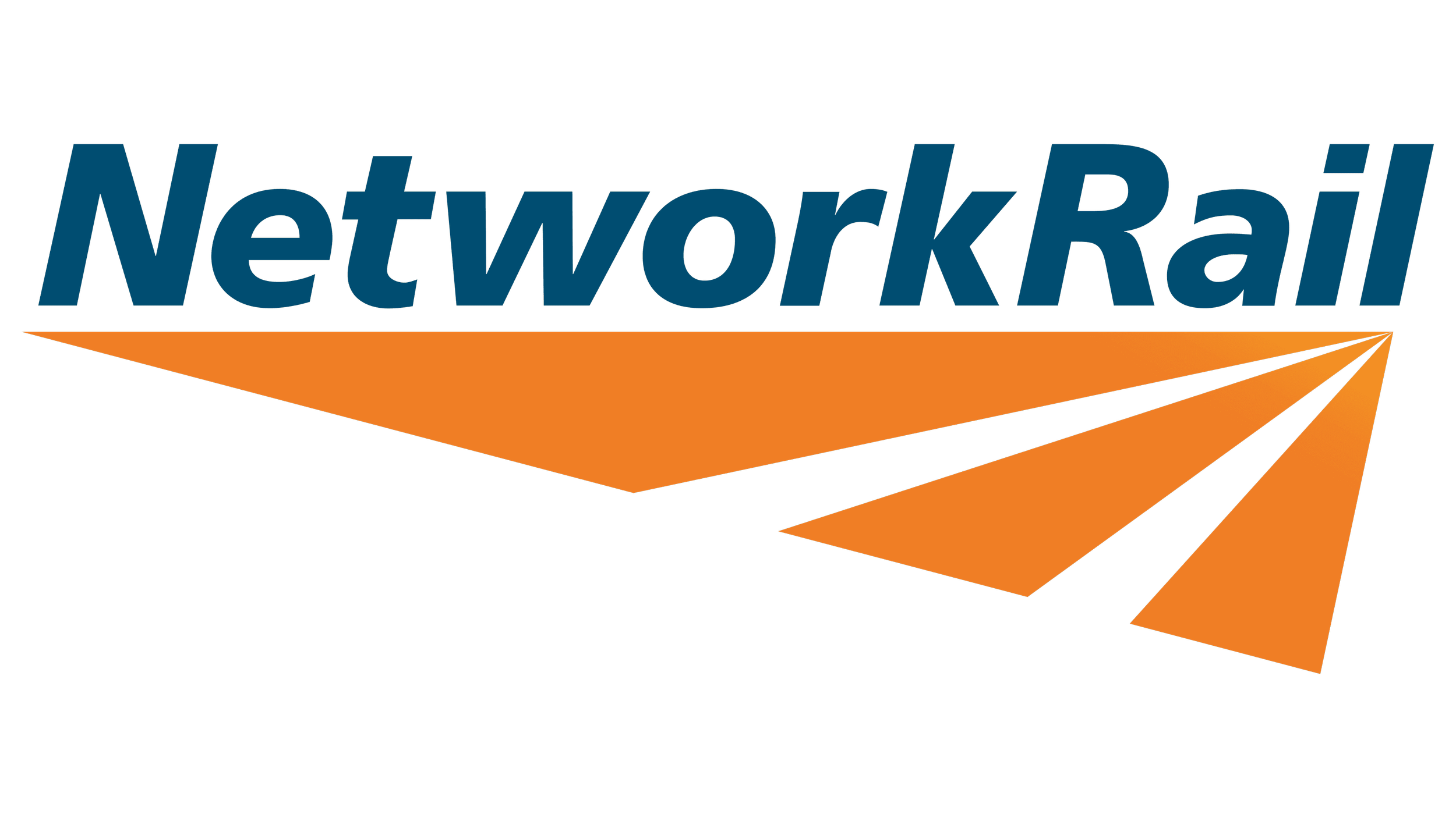Logo of Network Rail with blue text and orange and black geometric design.