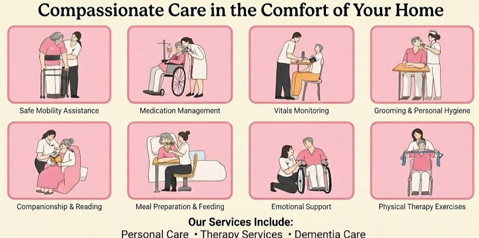 A graphic showing eight icons depicting types of compassionate care at home, including Safe Mobility Assistance, Medication Management, Vitals Monitoring, Grooming & Personal Hygiene, Compassion & Reading, Meal Preparation & Feeding, Emotional Support, and Physical Therapy Exercises.
