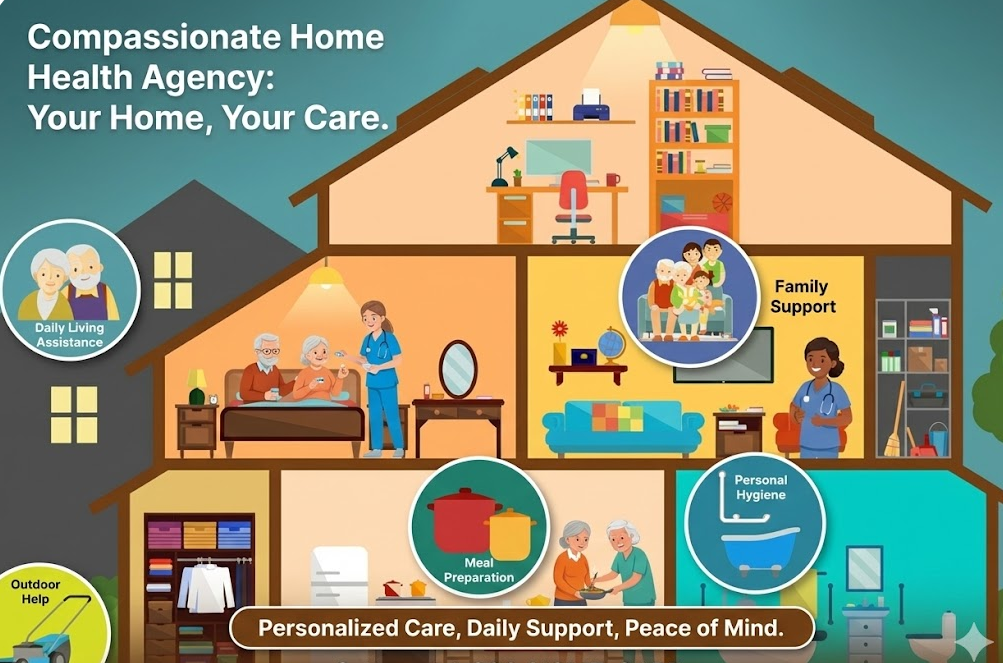 Diagram of a home showing different health and support services provided within the house, including family support, meal preparation, personal hygiene, daily living assistance, and outdoor help, emphasizing compassionate home health care.