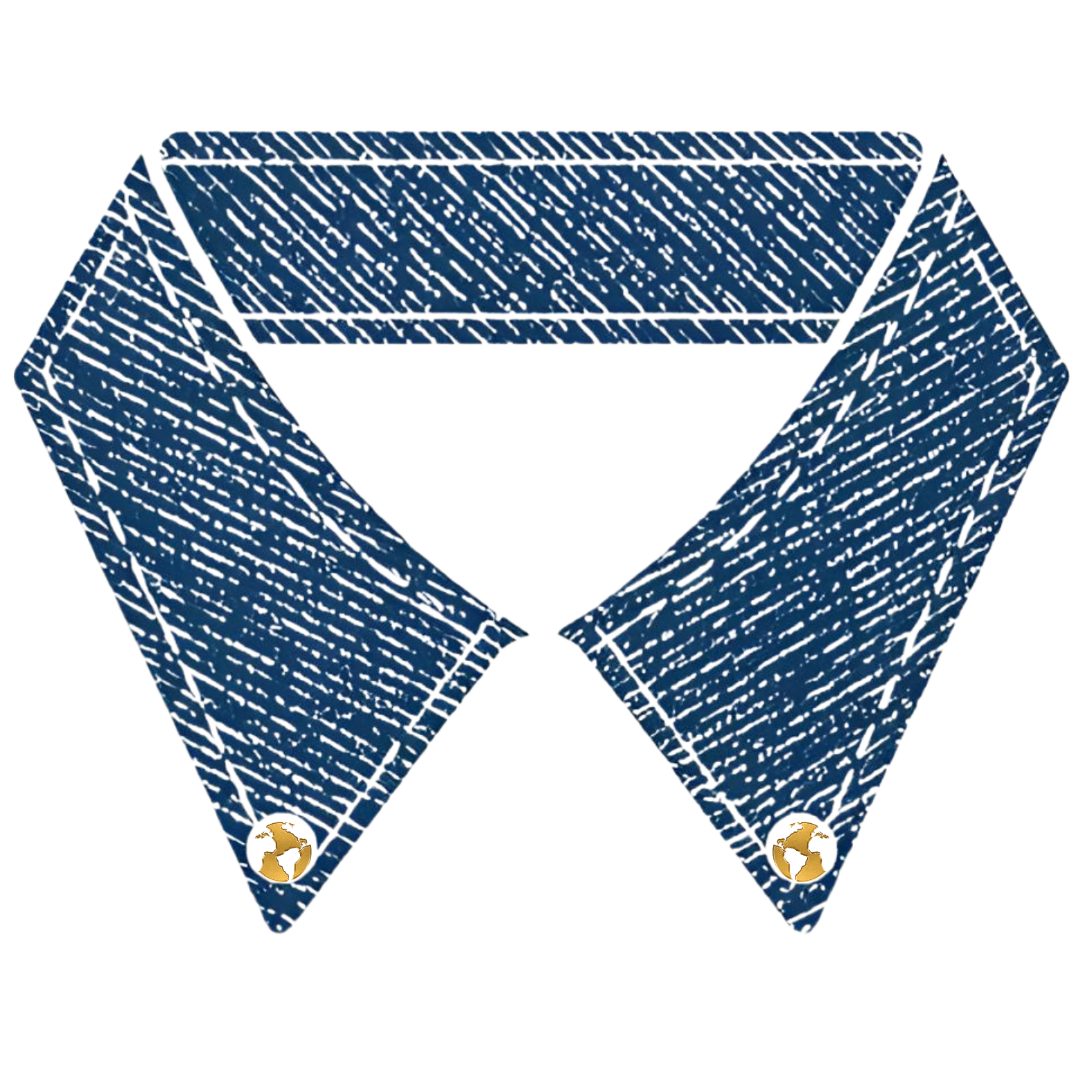 Close-up of a dark blue collared shirt with a textured pattern, detailed with gold-colored buttons.
