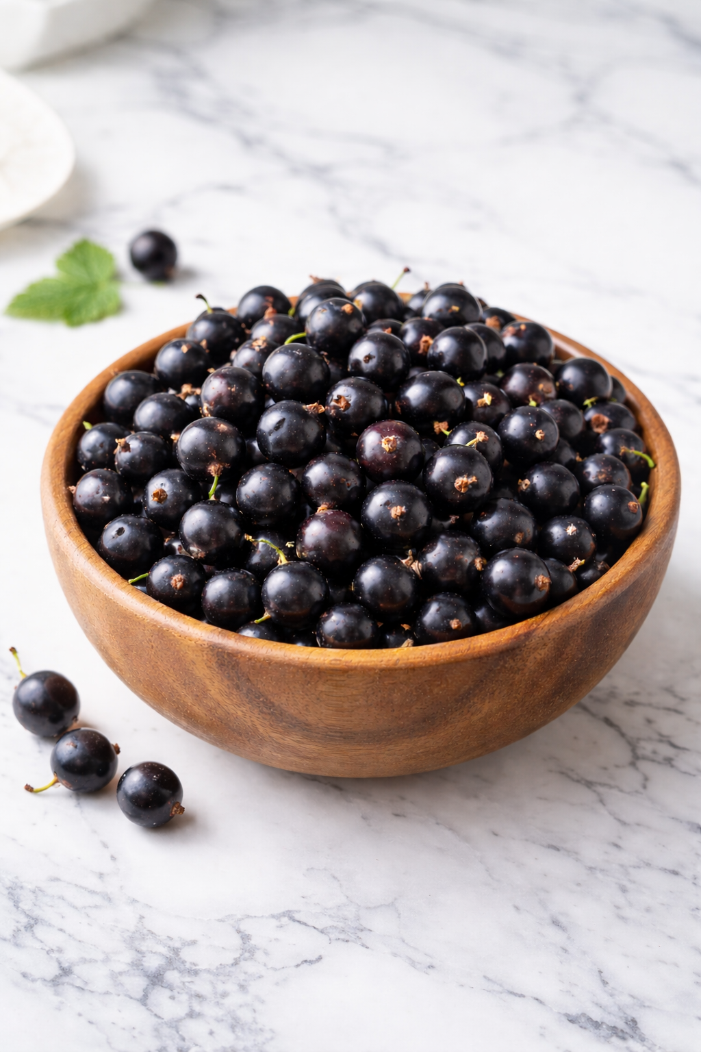 Fresh black currants in a wooden bowl.png
