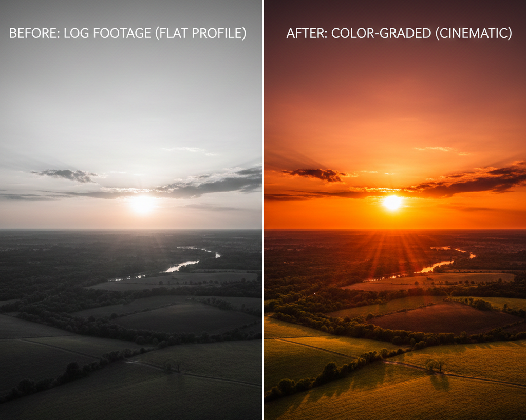 Before and After Log footage color-grading