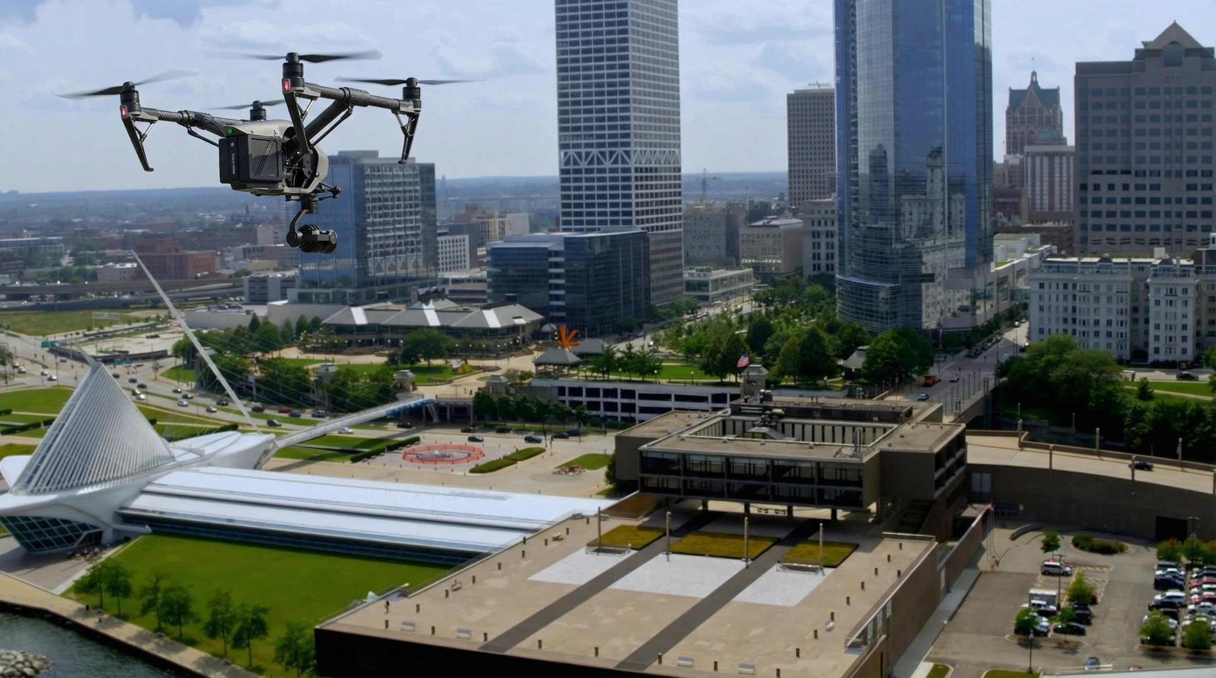drone capturing video footage in city