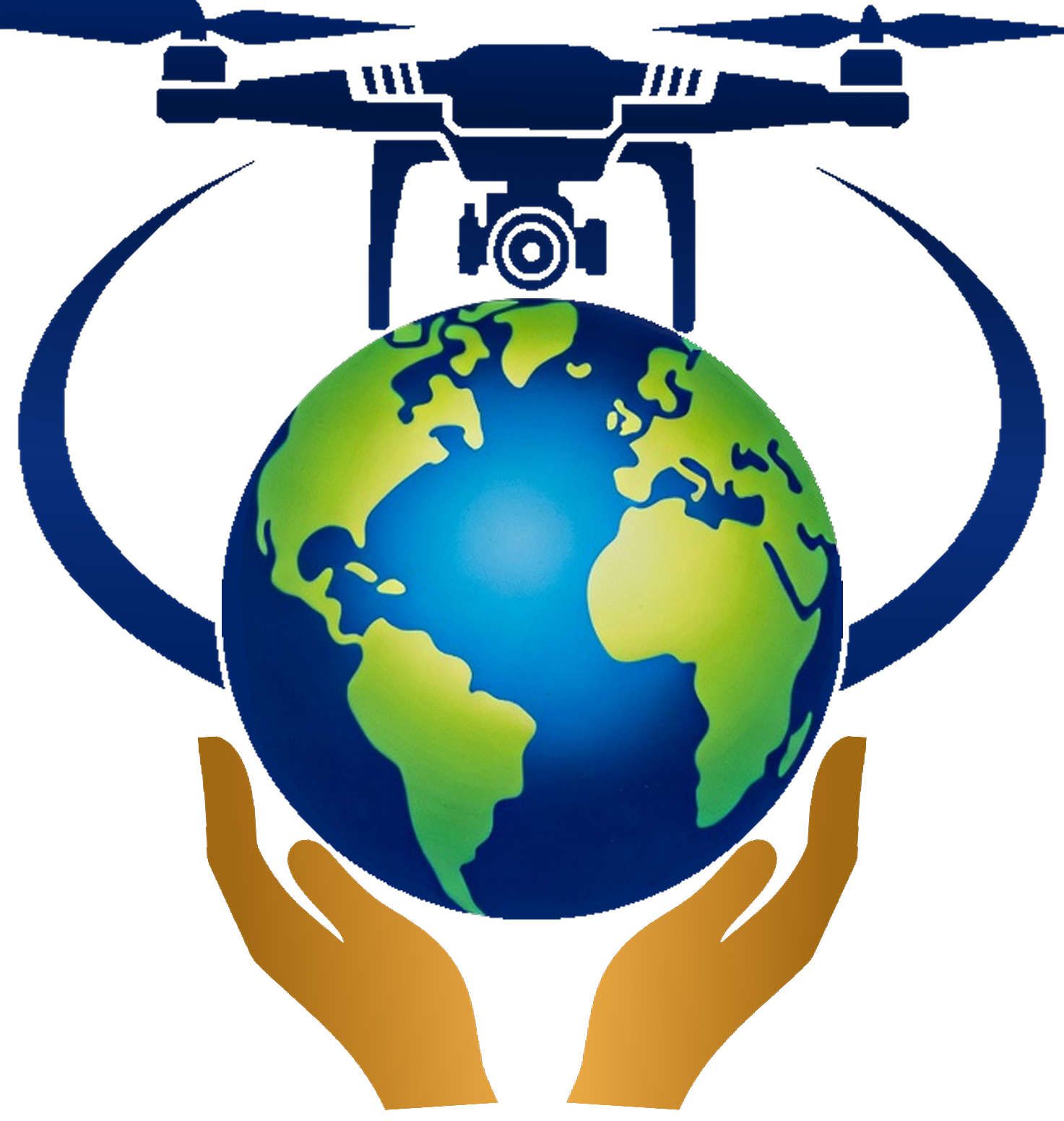 His creations stock logo. Globe and drone in God's hands.