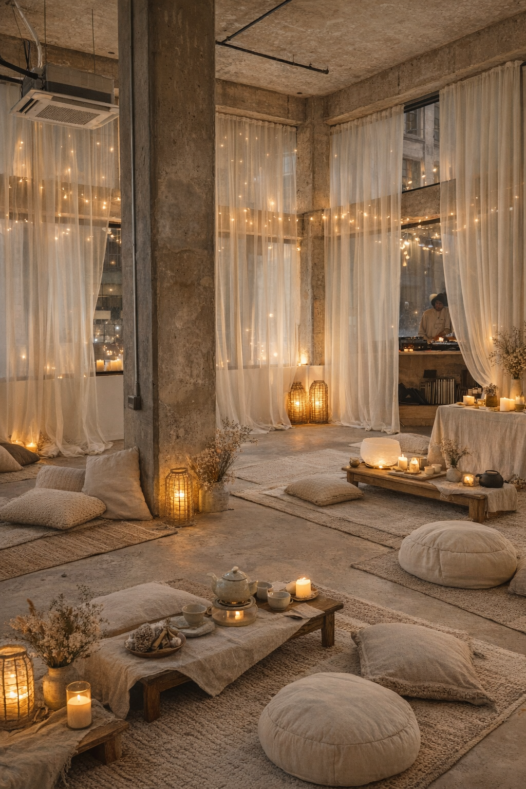 Cozy bohemian indoor space decorated with string lights, candles, cushions, rugs, low tables, and a DJ in the background.