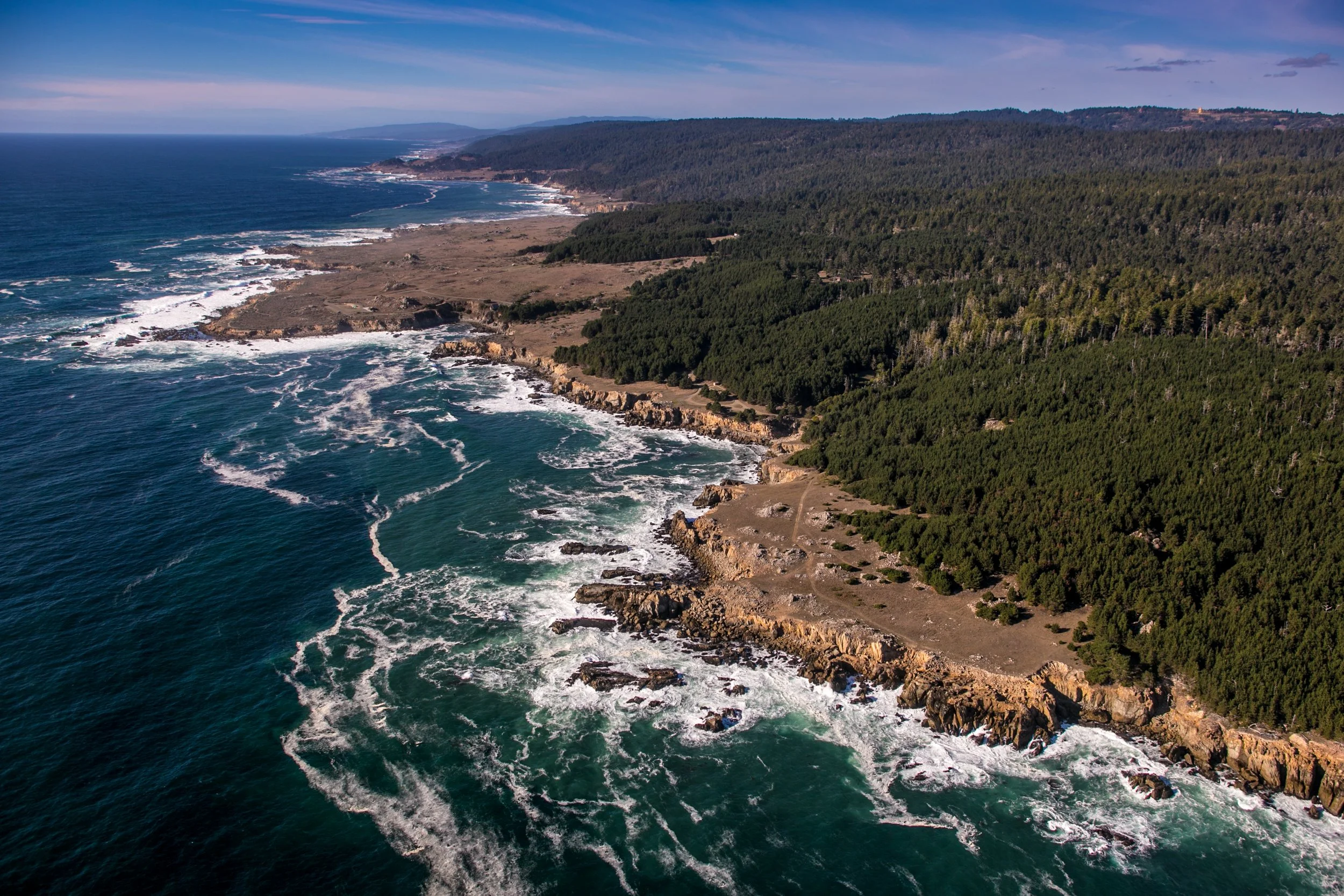 Aerial view of a rugged coastline with cliffs, ocean waves, and a forested area extending inland under a partly cloudy sky.
