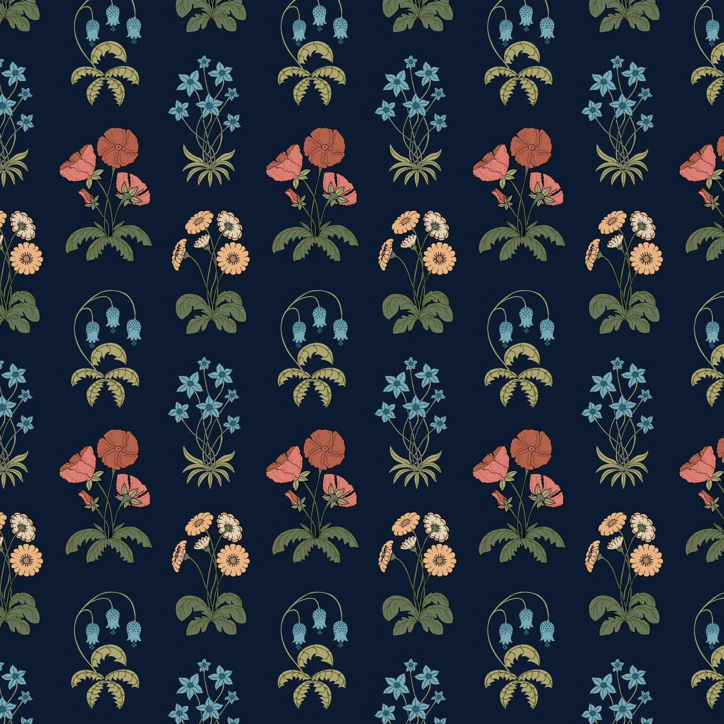 A repeating floral pattern with pink, white, blue, and green flowers on a dark background.