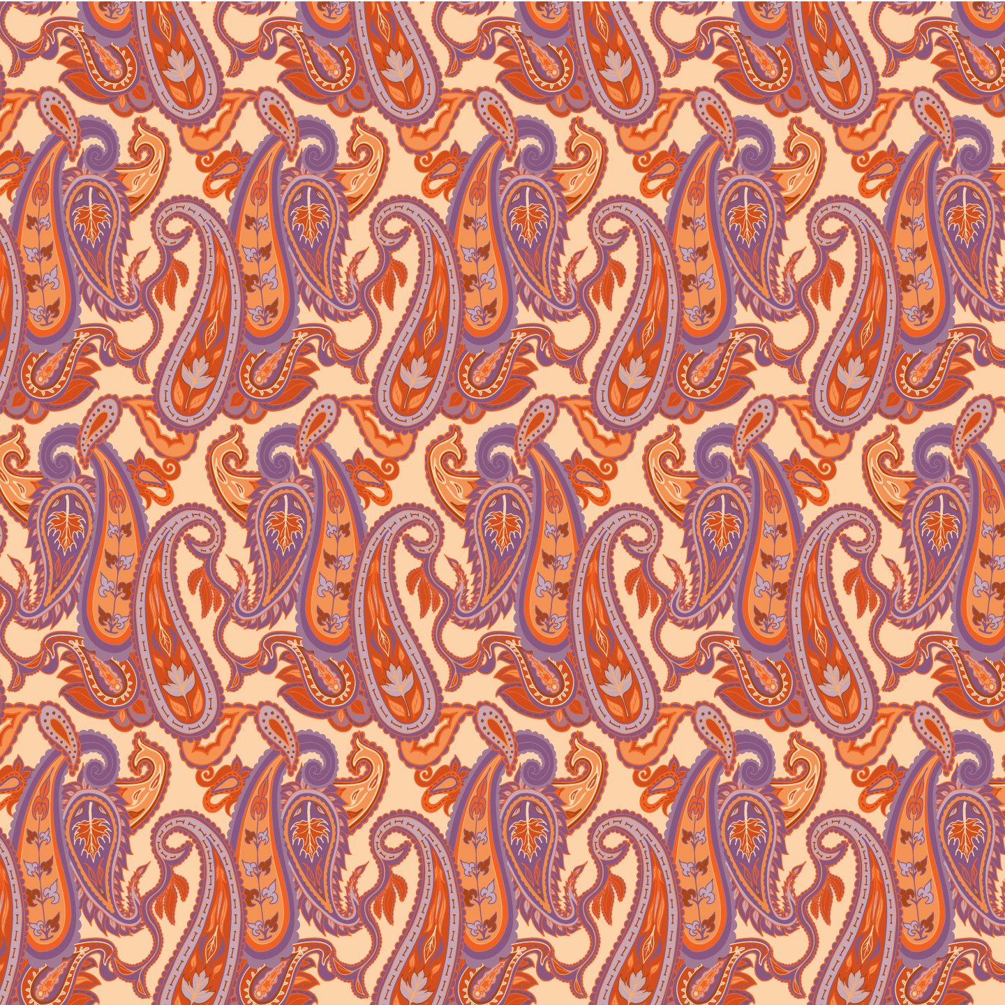 A seamless pattern of paisley design in shades of orange, purple, and beige.