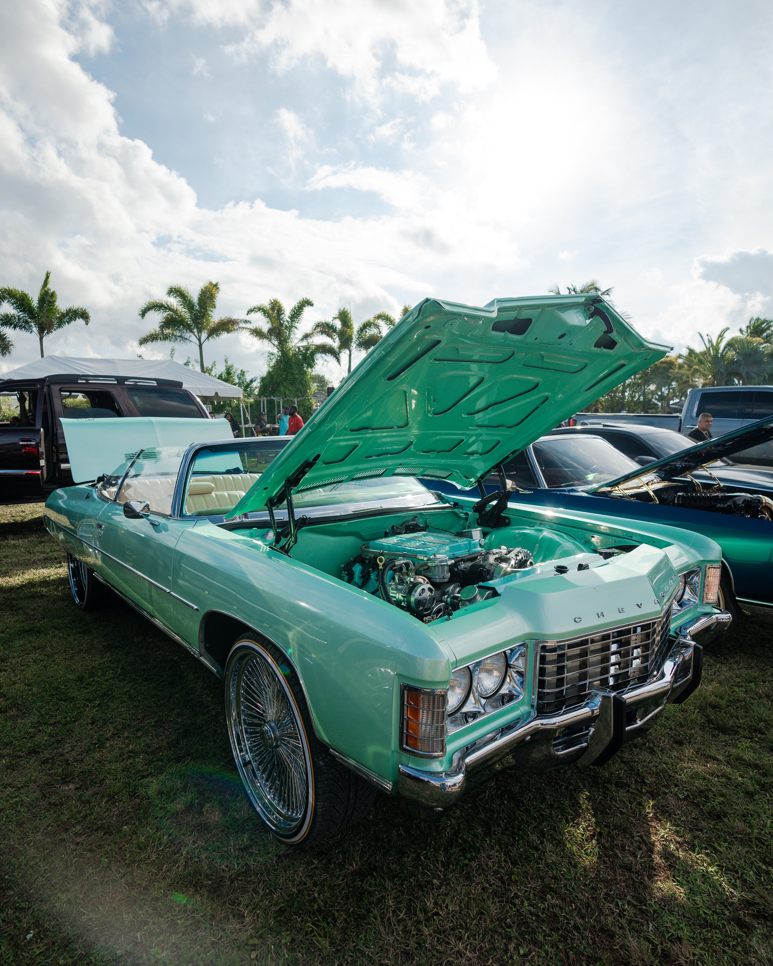 A classic mint green convertible car with an open hood on display at an outdoor car show, with palm trees and blue sky with clouds in the background.
