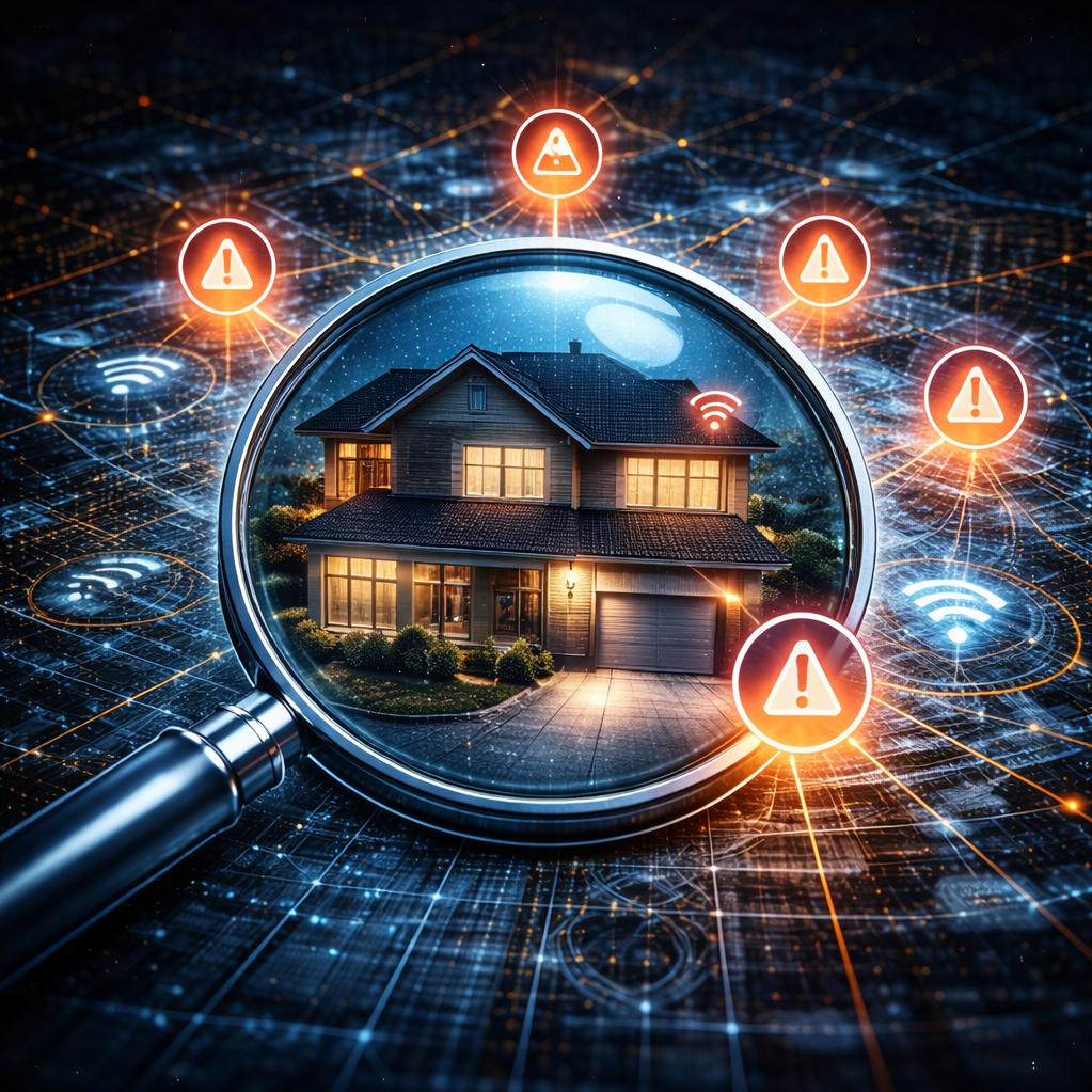 A house under a magnifying glass image showing Wi-Fi symbols and warning icons with exclamation marks, representing smart home technology and potential security alerts.