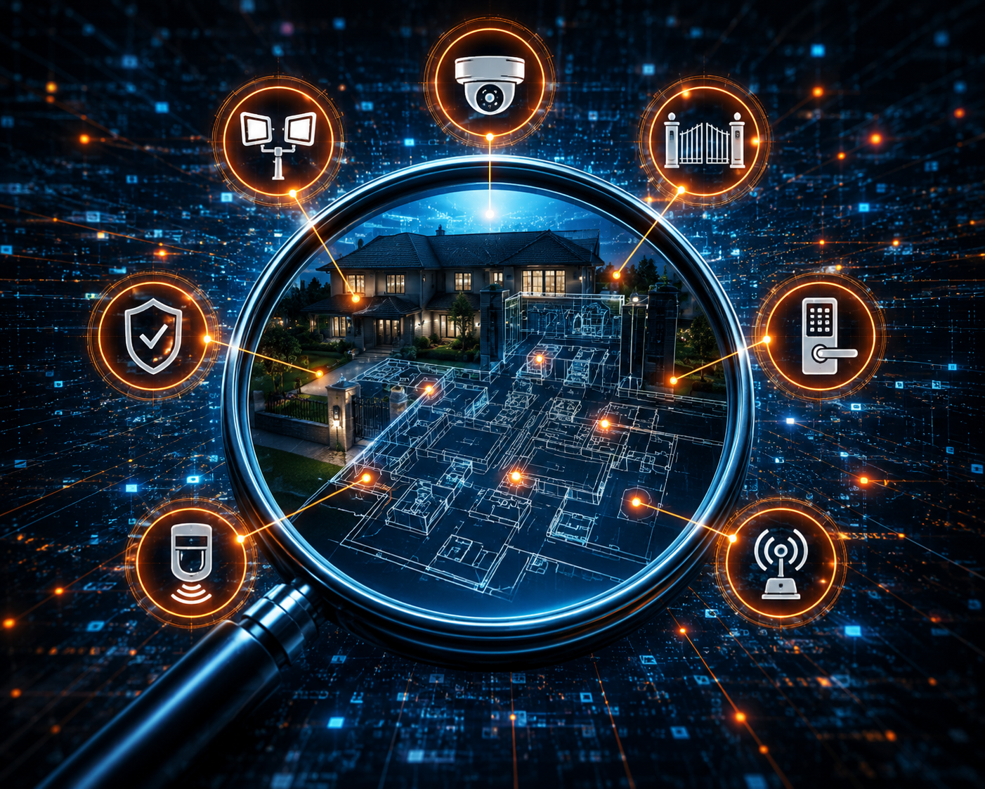 Digital illustration of a smart home security system with a house viewed through a magnifying glass, surrounded by icons representing security cameras, smart locks, lighting, alarms, sensors, and internet connectivity.