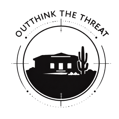 A black and white image with the words "Outthink the Threat" around the top edge. In the center, there is an outline of a house, a cactus, and a landscape with a circular border.