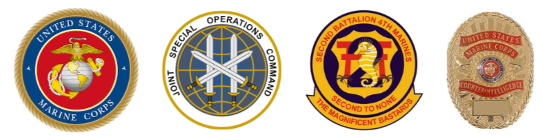 Lineup of four United States Marine Corps insignia and logos, including the Marine Corps emblem, Joint Special Operations Command badge, Second Battalion Marines insignia, and Marine Corps counterintelligence badge.
