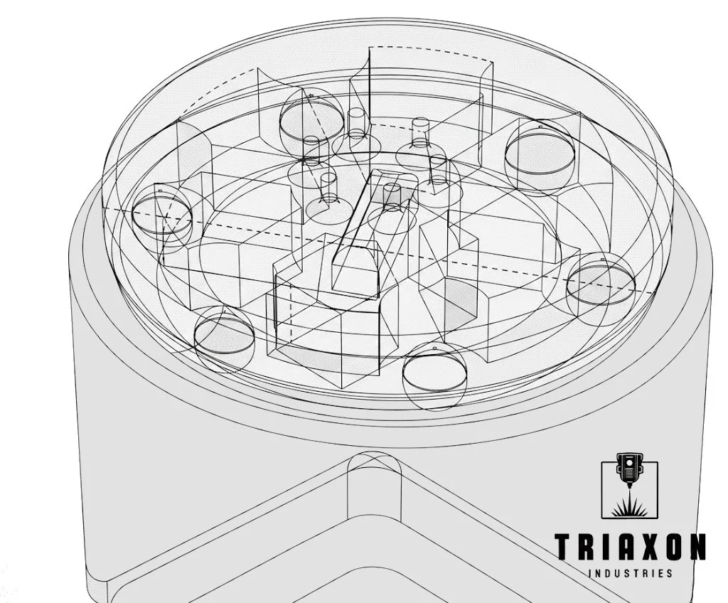 An engineering drawing of a round mechanical device with internal components, featuring geometric shapes and labels, with Triaxon Industries logo at the bottom right.