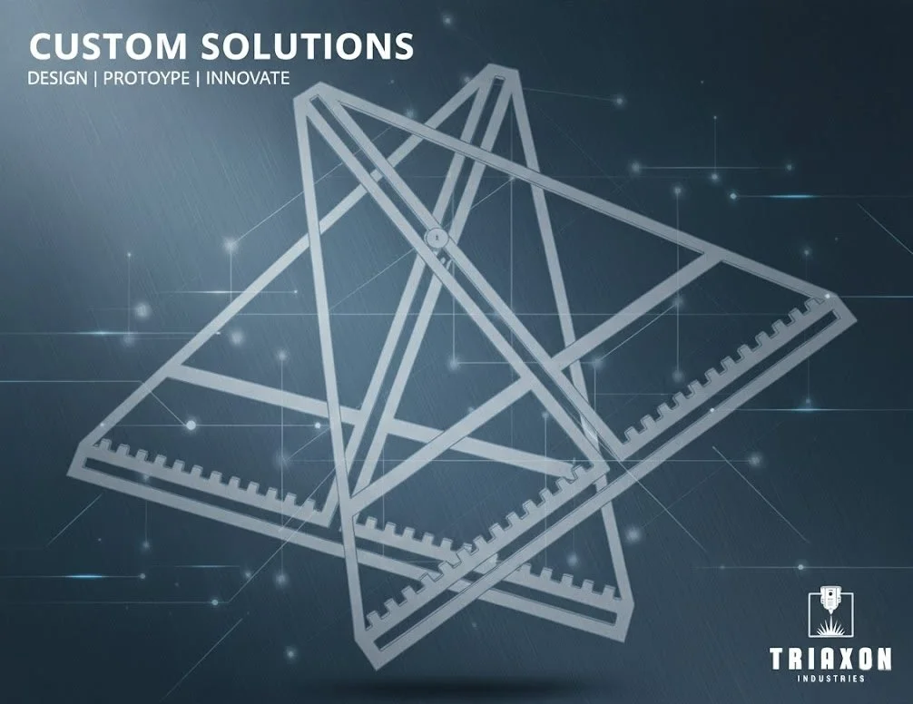 Blueprints or technical drawings of geometric shapes resembling rulers and a 3D star, over a dark background with a digital, futuristic theme, with the text 'Custom Solutions' and 'Design, Prototype, Innovate'.